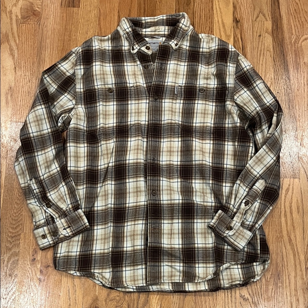 Carhartt Men's Plaid Shirt - Brown and Cream - Size L